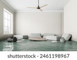 A flooded modern living room with stylish furniture and a ceiling fan, on a bright background, concept of home damage. 3D Rendering