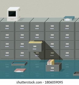 Flooded office with filing cabinets sinking in the water, drawers and folders floating around 3D illustration