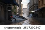 Flooded street in a European city, submerged cars, buildings. Devastating impact of deadly floods in Central Europe. Rescue operations are underway. Storm Boris, climate change, natural disaster 3D