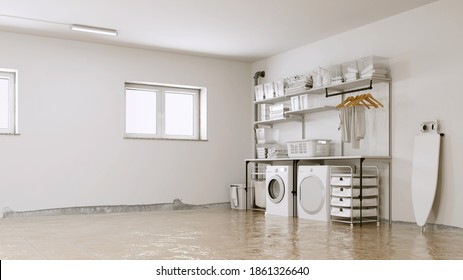 Flooding after water damage in the laundry room with mold on the wall (3D Rendering)