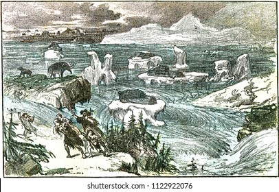 Flooding of central Europe at the end of the glacial period, vintage engraved illustration. From Natural Creation and Living Beings.