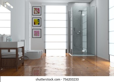Flooding concept with flooded bathroom as water damage concept (3D Rendering)