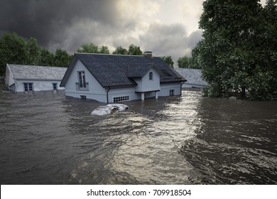 flooding houses with rising water. 3d rendering