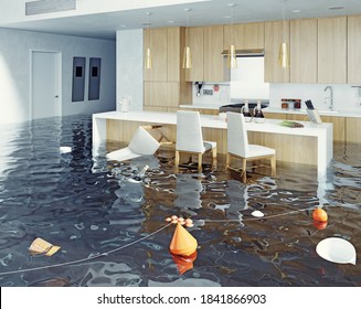 flooding  kitchen interior. 3d rendering idea