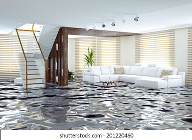 flooding in luxurious interior. 3d creative concept  - Powered by Shutterstock