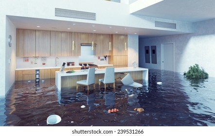 flooding in luxurious kitchen interior. 3d creative illustration - Powered by Shutterstock