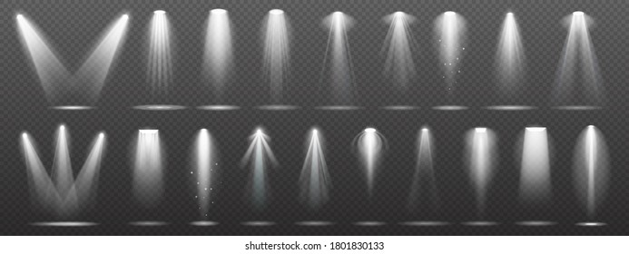 Floodlight Or Spotlight For Stage, Scene Or Podium. White Lightning Collection Set Isolated On Transparent Background. Illumination Or Bright Shine For Night Event  Illustration