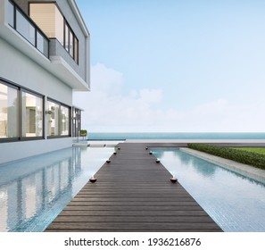 Floor Deck Walkway.Luxury Beach House With Swimming Pool And Sea View.Vacation Home,hotel,villa.3d Rendering