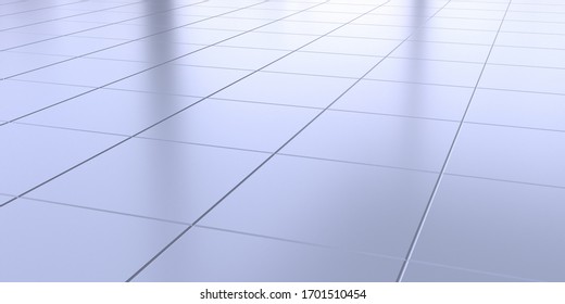 The floor is made of large tiles and reflected in it. 3D render.