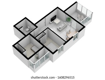 Floor Plan 3d With The Furniture. Modern Plan Of The House.