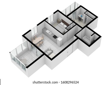 Floor Plan 3d With The Furniture. Modern Plan Of The House.