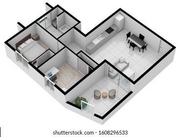 Floor Plan 3d With The Furniture. Modern Plan Of The House.