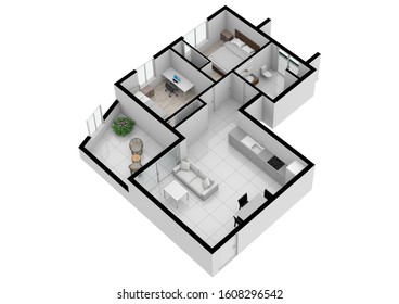 Floor Plan 3d With The Furniture. Modern Plan Of The House.