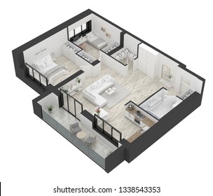 Floor Plan Of A Home Top View 3D Illustration. Open Concept Living Apartment Layout