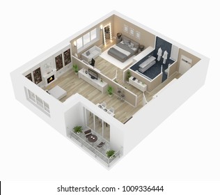 Floor plan of a house top view 3D illustration. Open concept living appartment layout