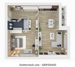 Floor Plan Of A House Top View 3D Illustration. Open Concept Living Appartment Layout