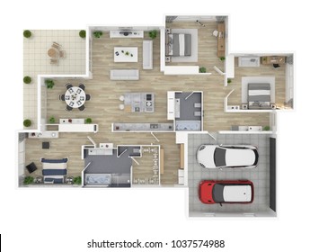 Floor Plan Of A House Top View 3D Illustration. Open Concept Living House Layout