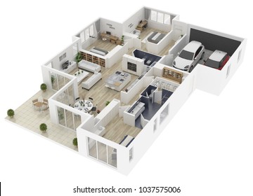 Floor plan of a house top view 3D illustration. Open concept living house layout