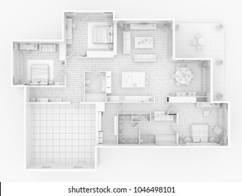 Floor Plan Of A House Top View 3D Illustration. Open Concept Living House Layout