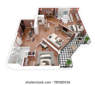 Floor Plan Of A House Top View 3D Illustration. Open Concept Living Apartment Layout