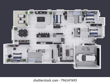 Floor Plan Of A House Top View 3D Illustration. Open Concept Living Apartment Layout