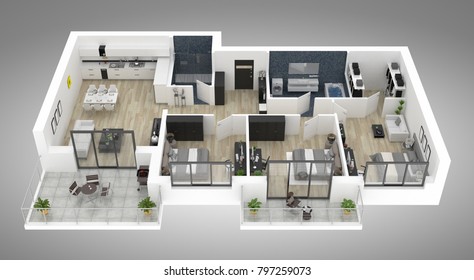 Floor Plan Of A House Top View 3D Illustration. Open Concept Living Apartment Layout