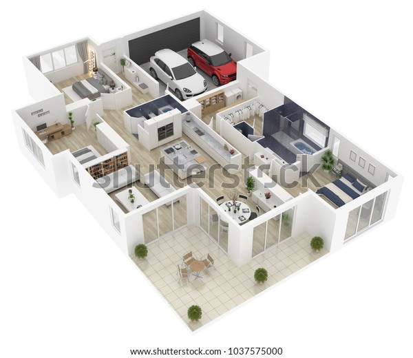 Floor plan of a house top view 3D illustration.\
Open concept living house\
layout