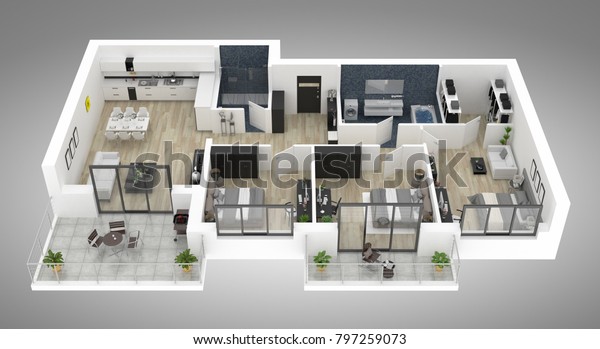 Floor plan of a house top view 3D\
illustration. Open concept living apartment\
layout