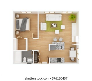 Floor plan top view isolated on white background. One bedroom one bath. Residential project 3D illustration. May be used for a graphic art, design or architectural illustration.