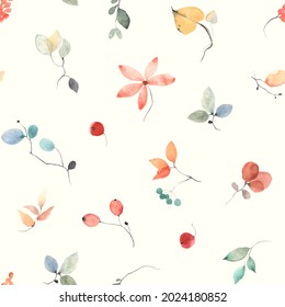 Floral abstract pattern, seamless colorful print, autumn watercolor illustration on ivory background.