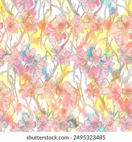 floral all over pattern with blur wave effect, hand drown art work style digital printing on fabric wallpaper background garment, saree, suit, duppata, dress, bed sheet, rug, wall sticker, men shirt.