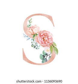 Floral Alphabet - blush / peach color letter S with flowers bouquet composition. Unique collection for wedding invites decoration and many other concept ideas.