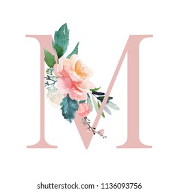 Floral Alphabet - blush / peach color letter M with flowers bouquet composition. Unique collection for wedding invites decoration and many other concept ideas.