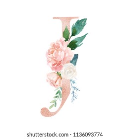 Floral Alphabet - blush / peach color letter J with flowers bouquet composition. Unique collection for wedding invites decoration and many other concept ideas.