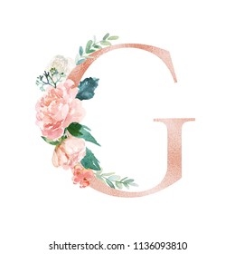 Floral Alphabet - blush / peach color letter G with flowers bouquet composition. Unique collection for wedding invites decoration and many other concept ideas.