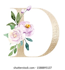 Floral Alphabet Gold Letter D Watercolor Stock Illustration 1588895137 ...