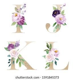 Floral Alphabet Gold Letters Set Watercolor: Ilustración De Stock ...