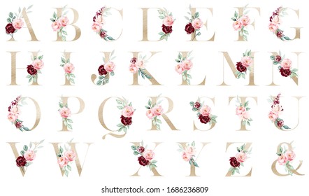 Floral Alphabet, Gold Letters Set With Watercolor Flowers And Leaf. Monogram Initials Perfectly For Wedding Invitation, Greeting Card, Logo, Poster And Other Design. Hand Painting. 