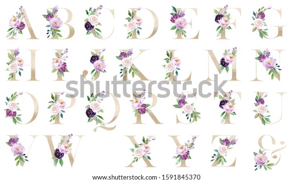 Floral Alphabet Gold Letters Set Watercolor Stock Illustration ...