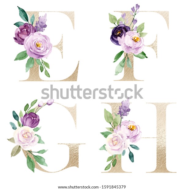 Floral Alphabet Gold Letters Set Watercolor Stock Illustration ...