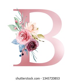 Floral Alphabet Letter B Watercolor Flowers: Ilustrações Stock 1349296031