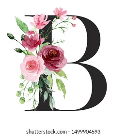 Floral Alphabet Letter B Watercolor Flowers Stock Illustration ...