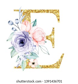Floral Alphabet Letter E Watercolor Flowers Stock Illustration ...
