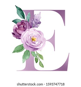 Floral Alphabet Letter E Watercolor Violet Stock Illustration ...
