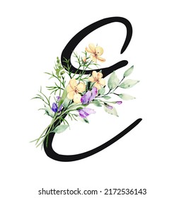 Floral Alphabet, Letter E With Watercolor Flowers And Leaf. Monogram Initials Perfectly For Wedding Invitations, Greeting Card, Logo, Poster And Other Design. Hand Painting.