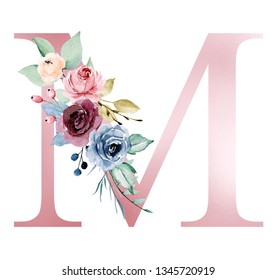 Floral Alphabet Letter M Watercolor Flowers Stock Illustration ...