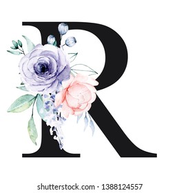 Floral Alphabet Letter R Watercolor Flowers 스톡 일러스트