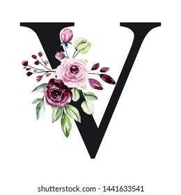 Floral Alphabet Letter V Watercolor Flowers Stock Illustration ...