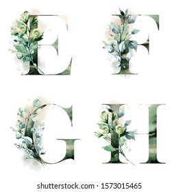 Floral Alphabet, Letters E, F, G, H With Watercolor Leaf. Monogram Initials Perfectly For Wedding Invitations, Greeting Card, Logo, Poster And Other Design. Holiday Design Hand Painting.