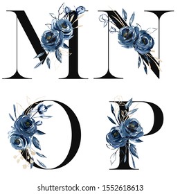 Floral Alphabet, Letters Set With Watercolor Flowers And Leaf. Navy Blue And Gold Monogram Initials Perfectly For Wedding Invitations, Greeting Card, Logo And Other. Holiday Design Hand Painting.